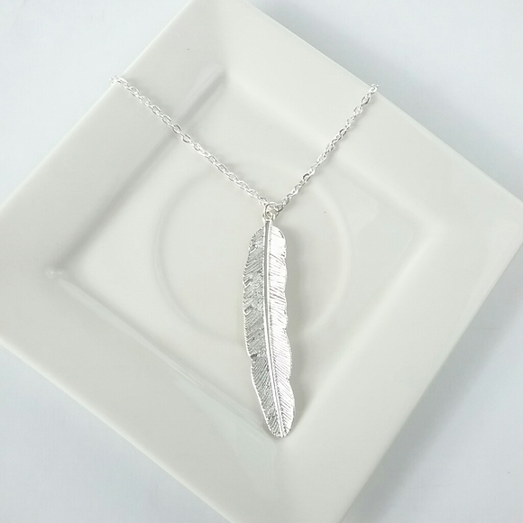 Silver Feather Long Bohemian Necklace - Picture 3 of 9